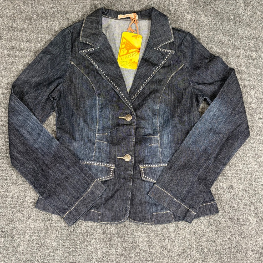 Danesi Jeans Women Dark Wash Denim Blazer Rhinestone Studded Jacket Size Medium